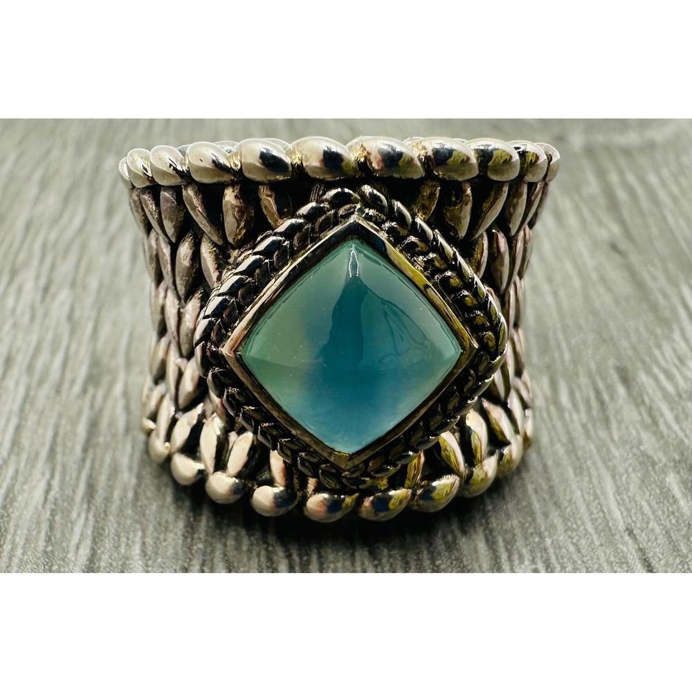 JAI Sterling Silver 14K Green Chalcedony Wheat Chain Statement Ring Size 6